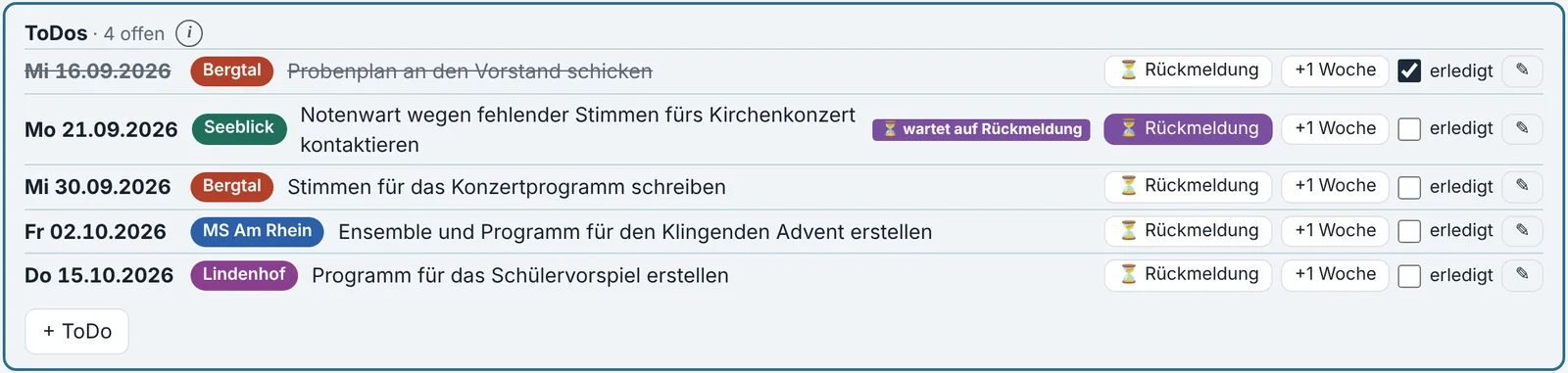 ToDo-Liste mit Proben als Frist