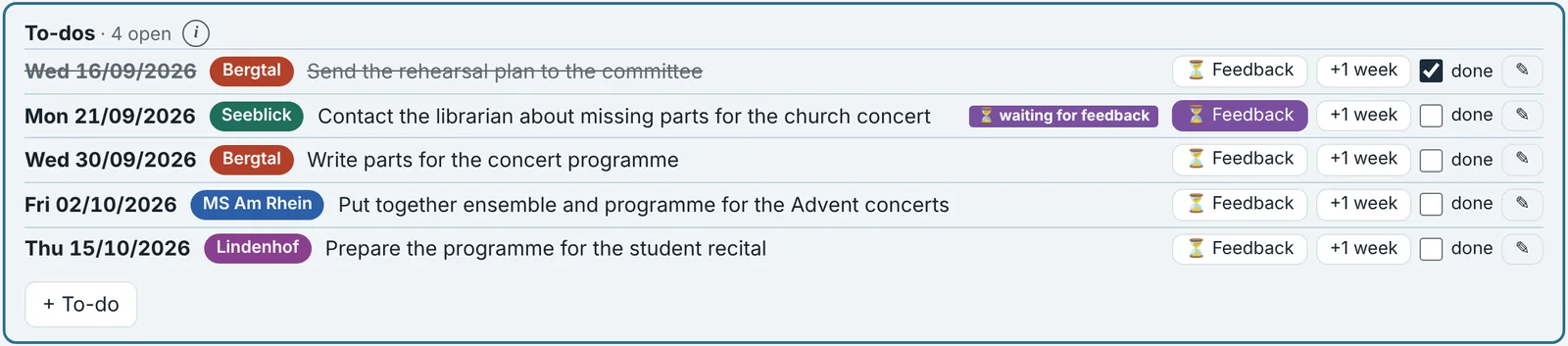 To-do list with rehearsals as deadlines