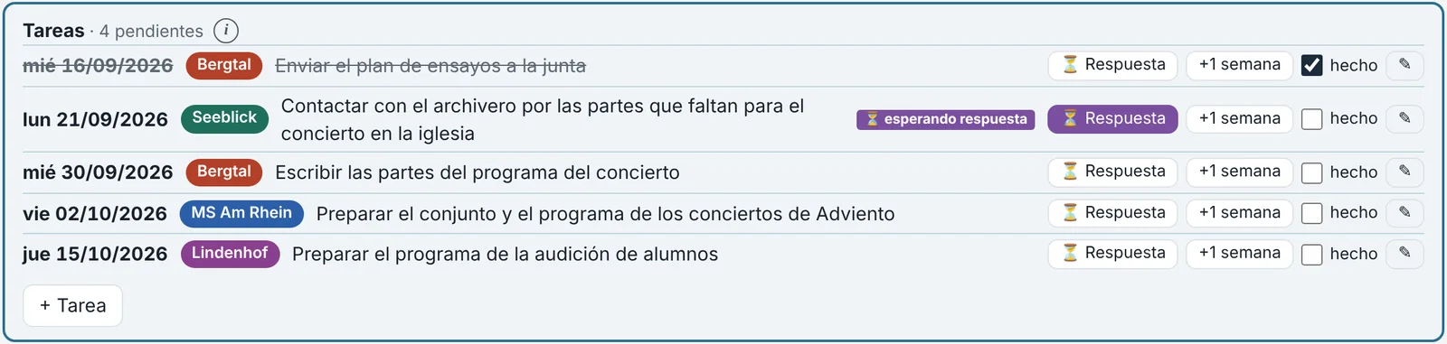 Lista de tareas con ensayos como plazo