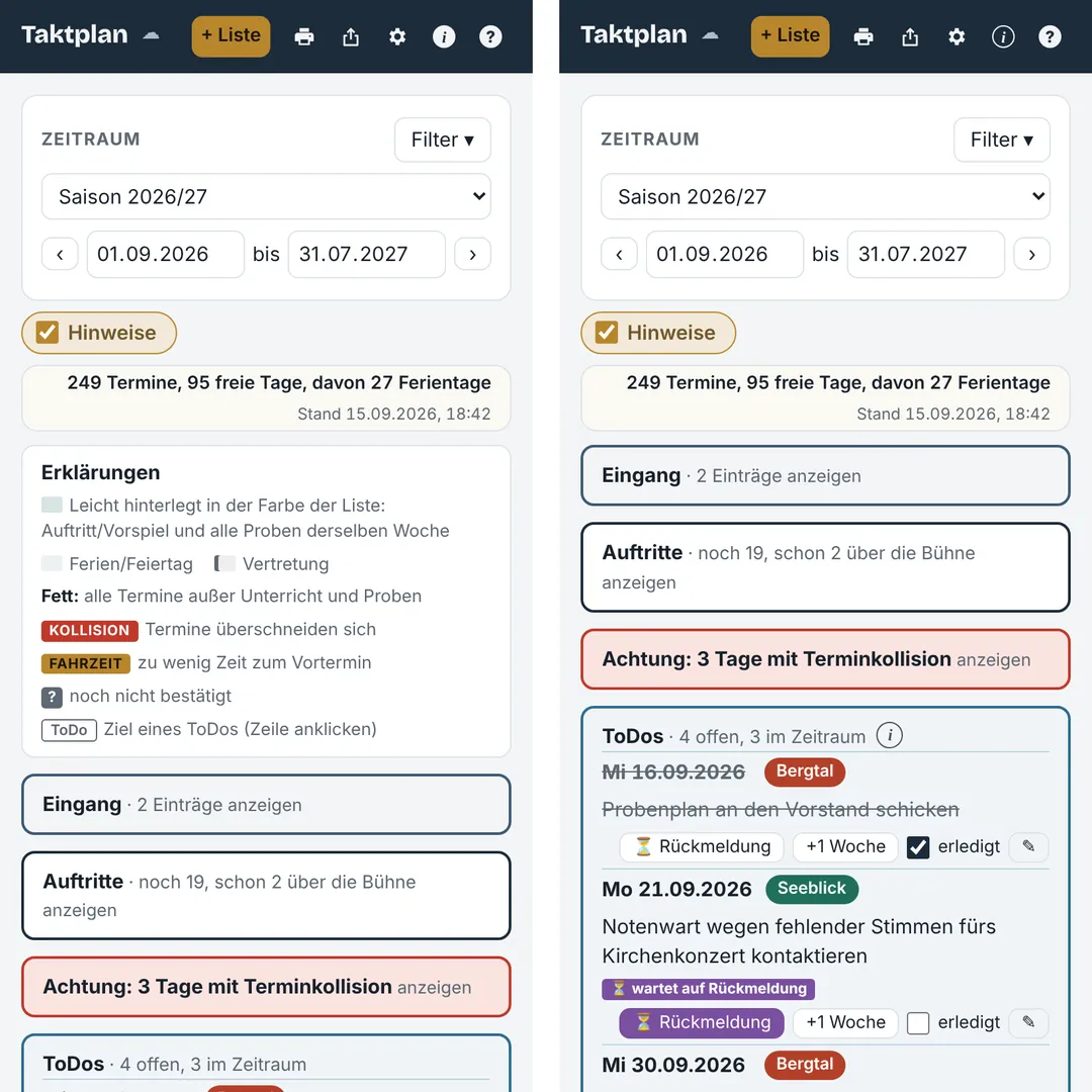 Taktplan auf dem Handy mit und ohne Erklärungen