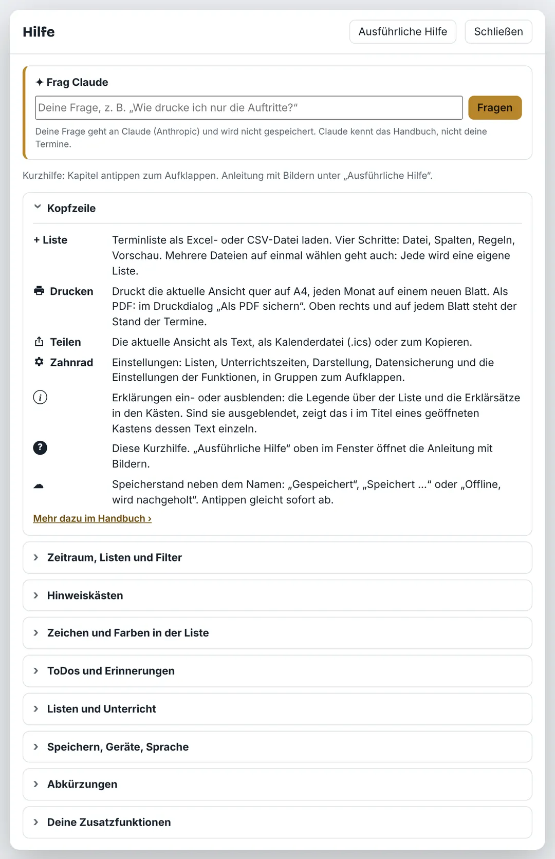 Kurzhilfe in Taktplan